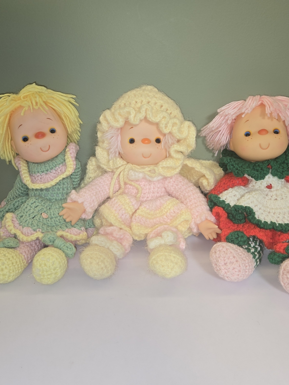 Vintage 1980s Handmade Crochet 13" Doll Lot of 3 - Dumplin Designs Yarn Style